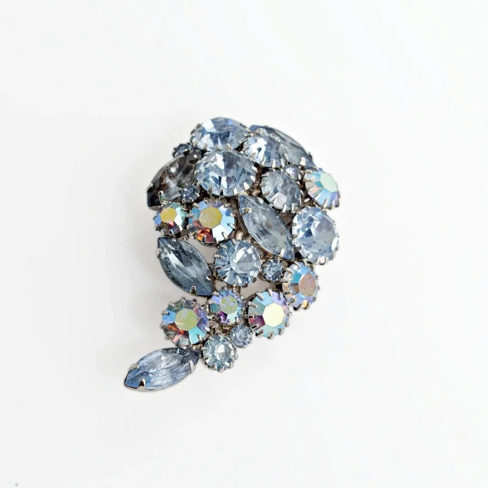 Vintage Blue Rhinestone Brooch Aurora Borealis 1950s Comet Shaped Mid-Century